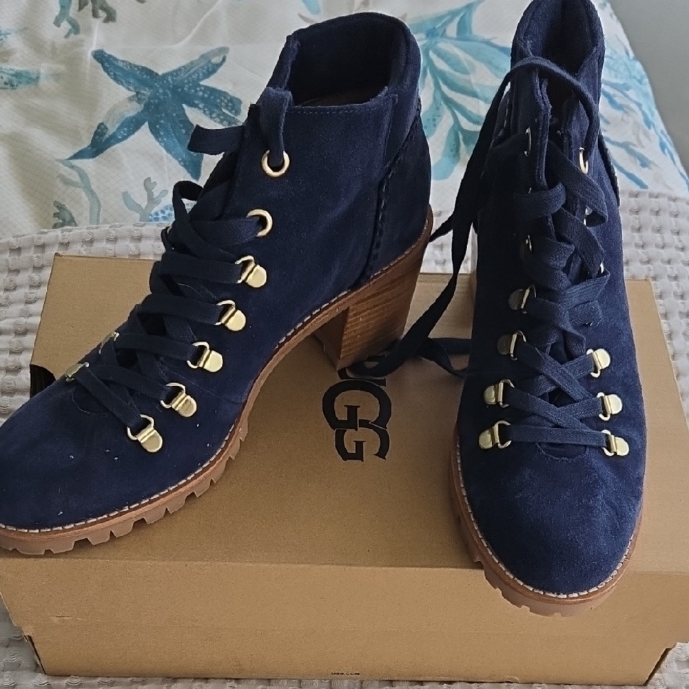 Navy Suede Lace-Up Block Heel Booties